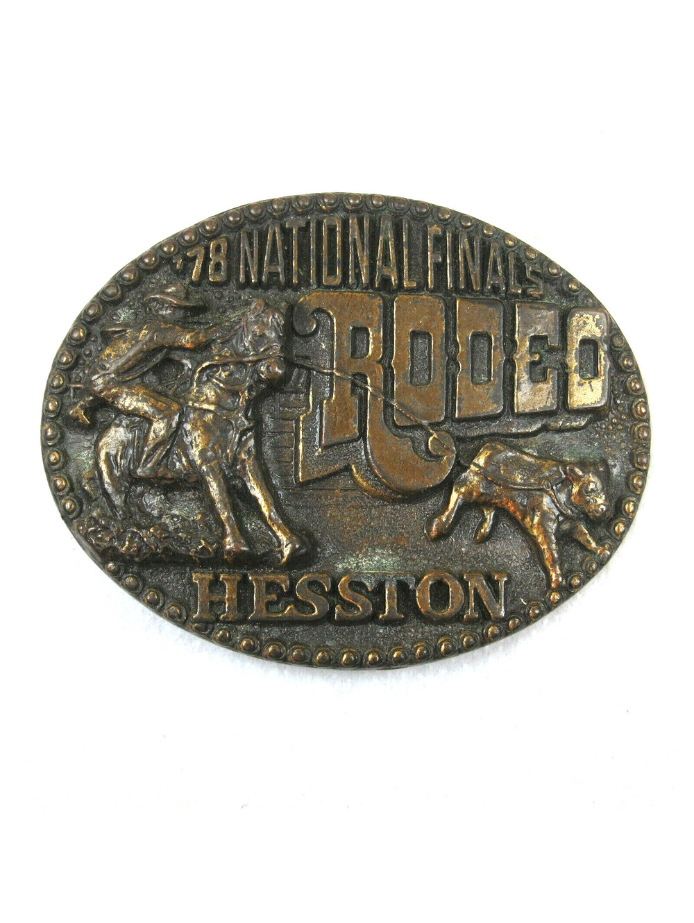 Vintage 1978 National Finals Rodeo Hesston Belt Buckle Brass tone Metal Oklahoma